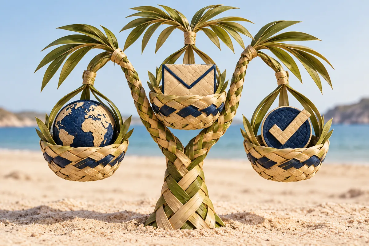 A palm-leaf tree branches into baskets holding a globe, an envelope and a check symbol.