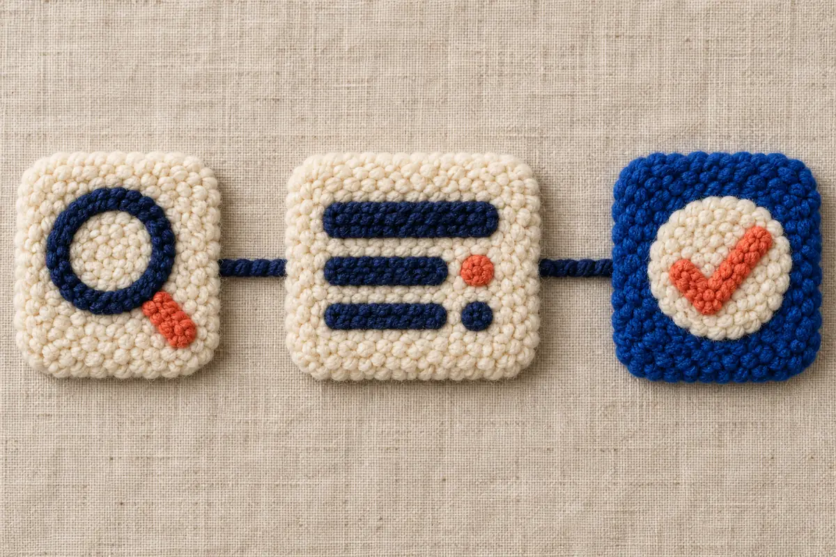 Raised wool panels show a magnifying glass, record card and circled check connected by stitching