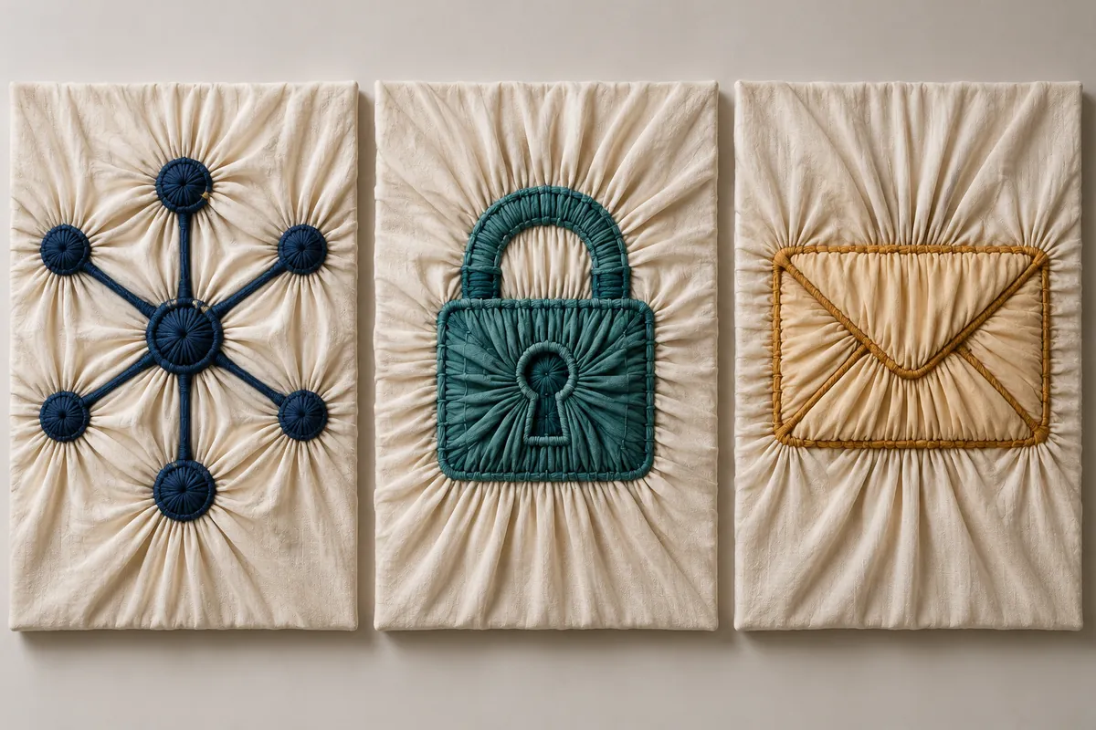 Three smocked textile panels show a branching symbol, a padlock and an envelope.