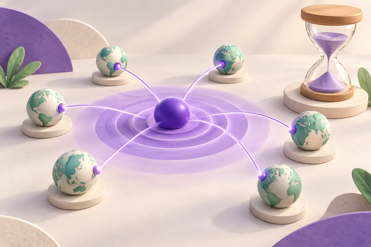 Ripples spread from a central point to globe nodes beside an hourglass.