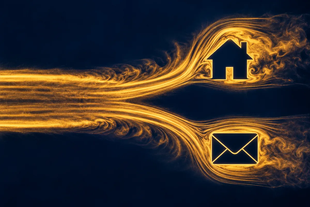 Fine amber air-flow bands divide towards a house symbol and an envelope symbol.