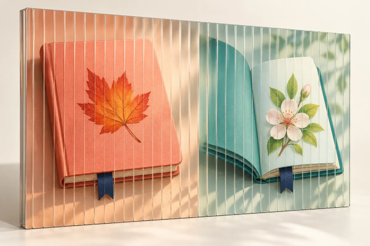 A ridged lenticular panel pairs a closed coral leaf booklet with an open teal flower booklet, each with a navy bookmark.