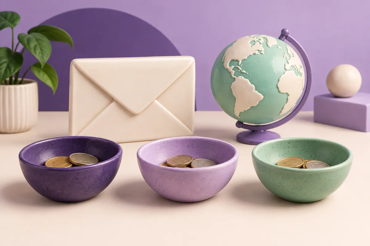 An envelope and globe beside separate bowls of coins for domain and email costs.