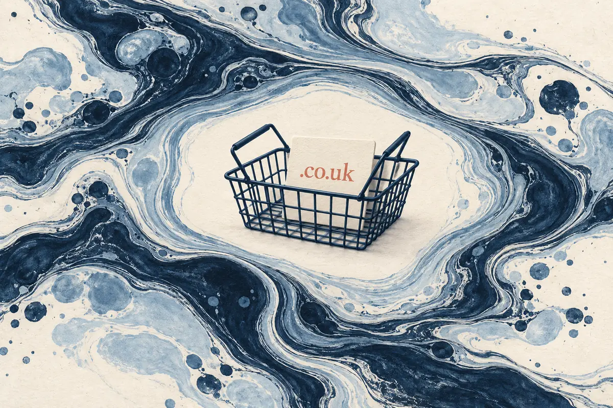 A basket containing a .co.uk card sits among flowing blue ink-marbling rings