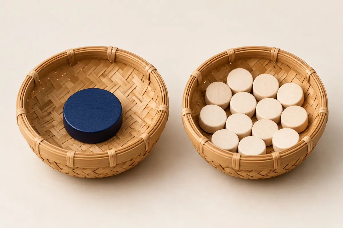 Two woven baskets hold a single navy token and a group of smaller ivory tokens.