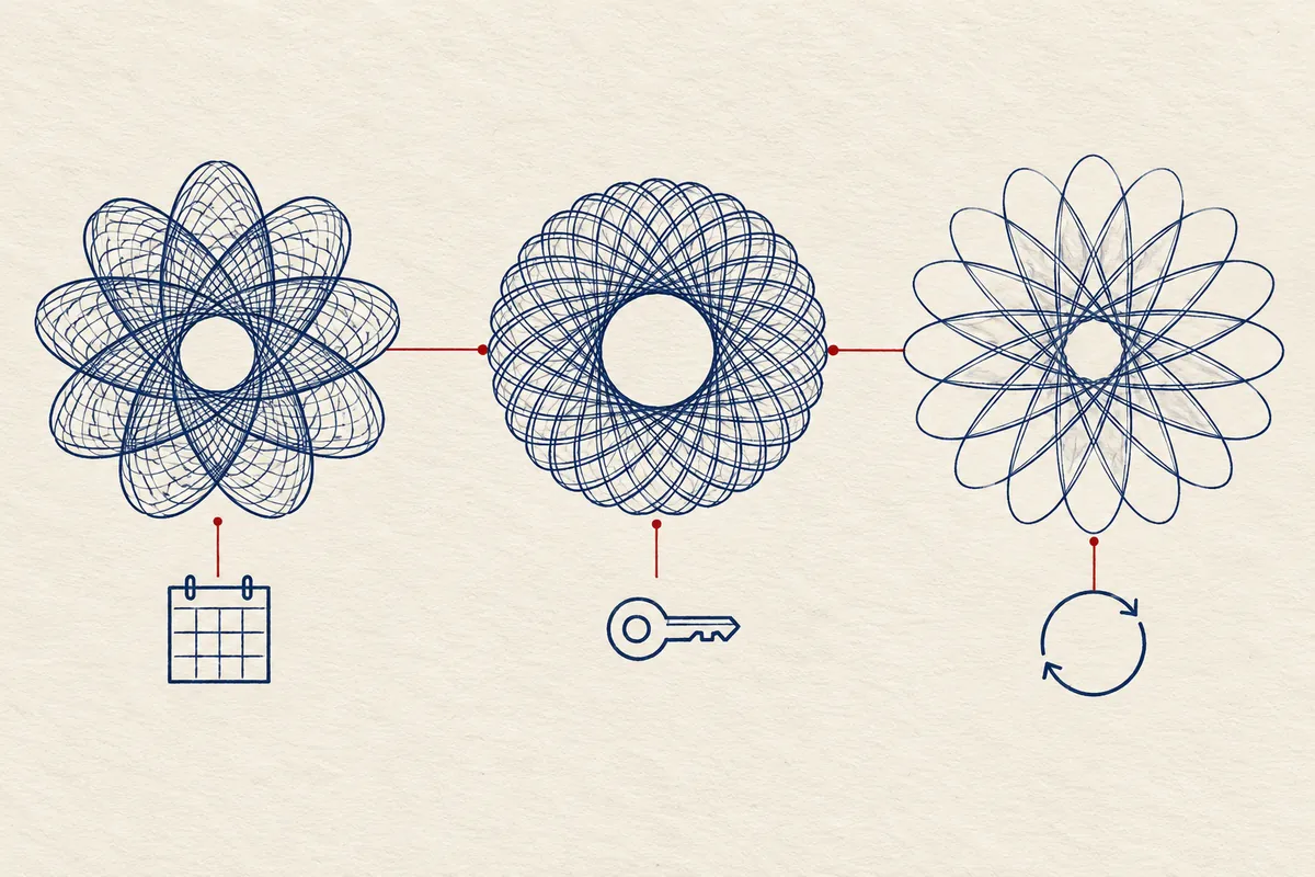 Three navy pen rosettes connect calendar, key and renewal-arrow symbols with a red line.
