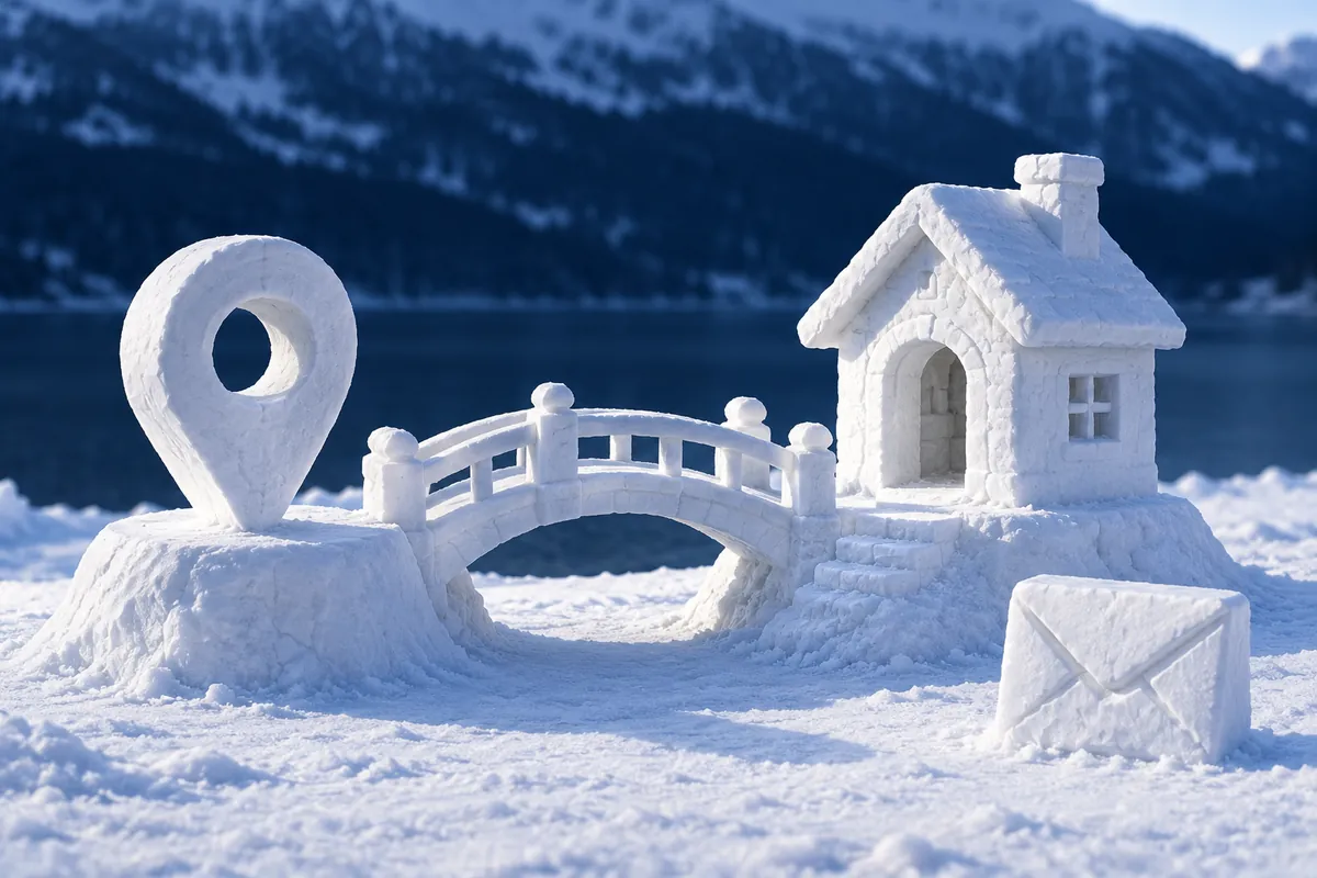 A carved snow bridge joins a location marker to a small house, with a separate snow envelope beside it.