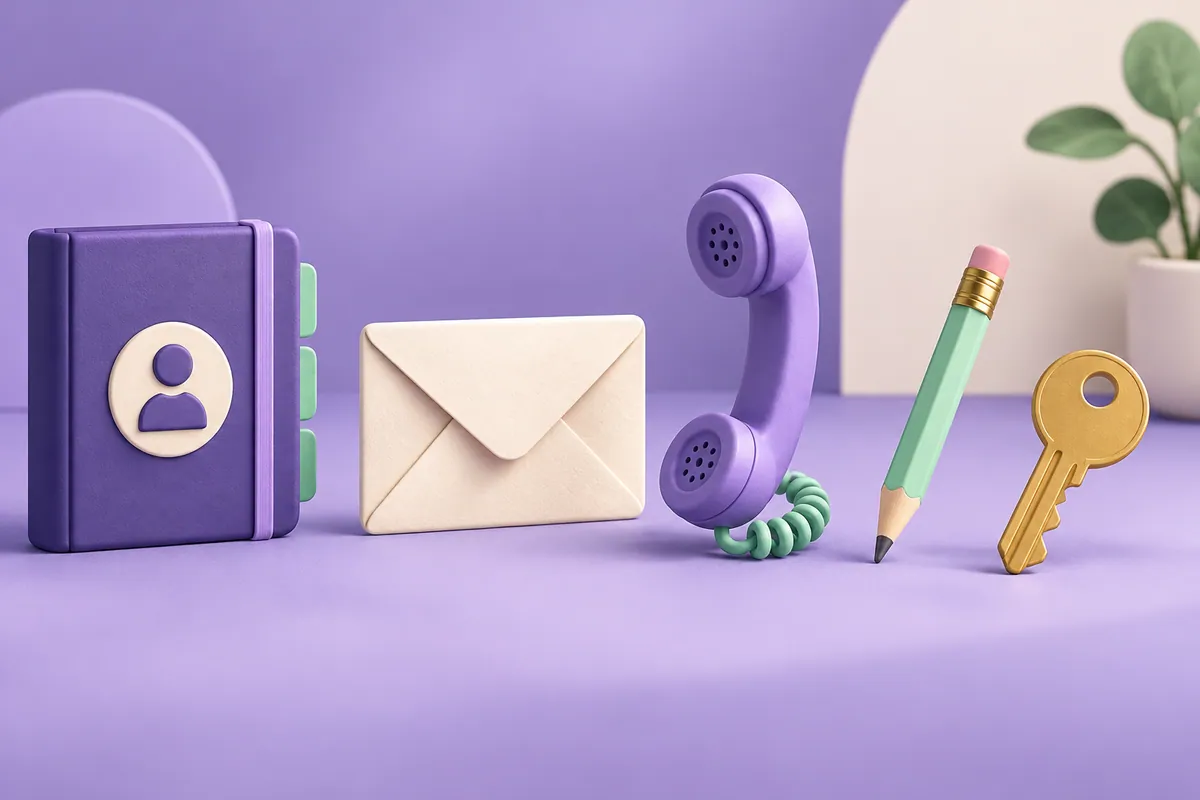 An address book, envelope, phone and pencil beside a domain key.