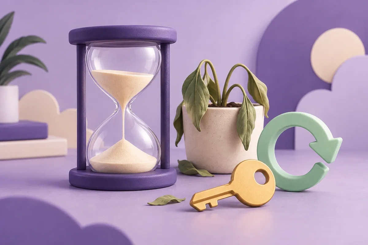 An hourglass, wilted plant and recovery arrow illustrate an expired domain.