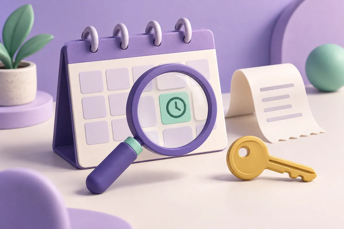 A magnifying glass highlights a calendar square beside a key and receipt.