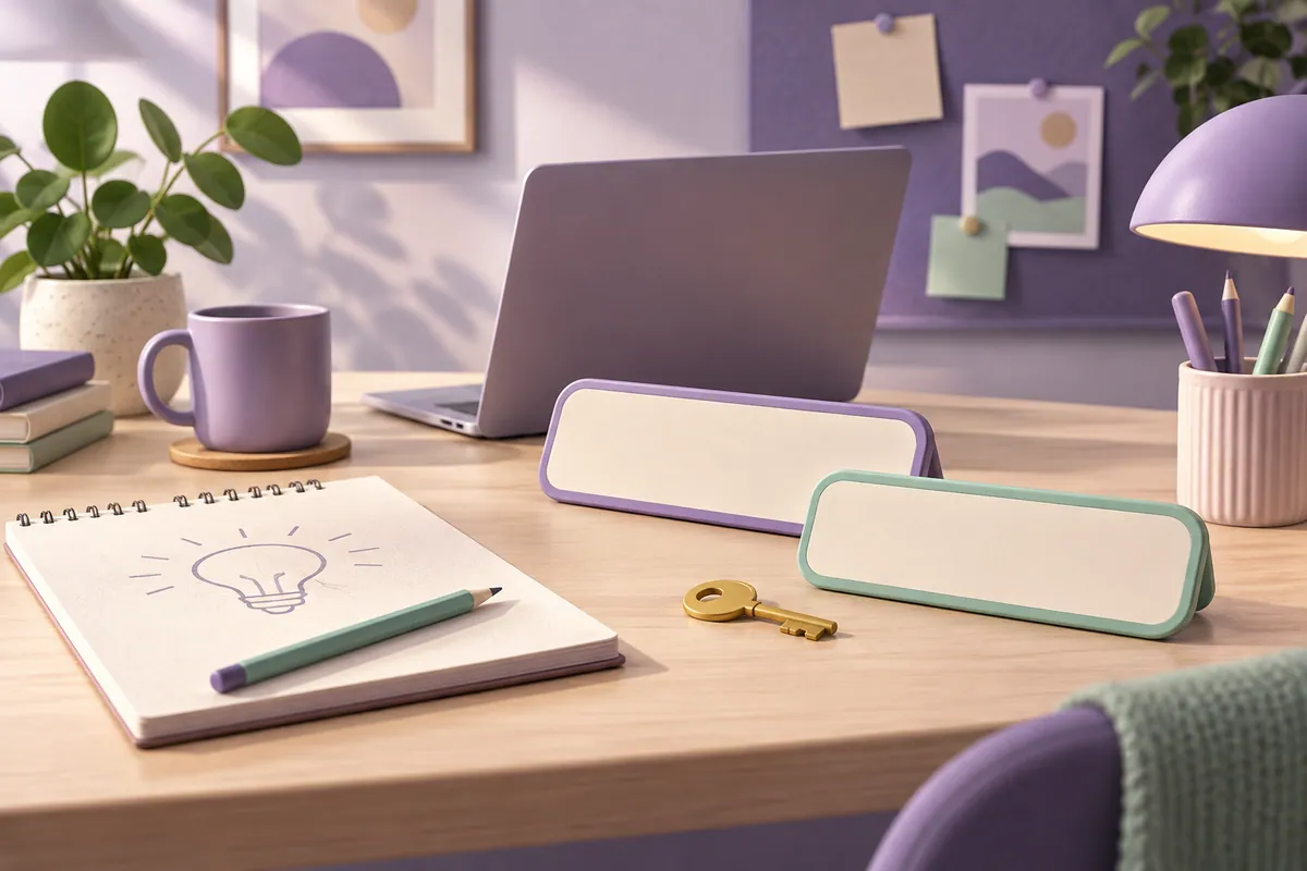 A freelancer’s desk with two nameplates and a key represents personal and trading names.