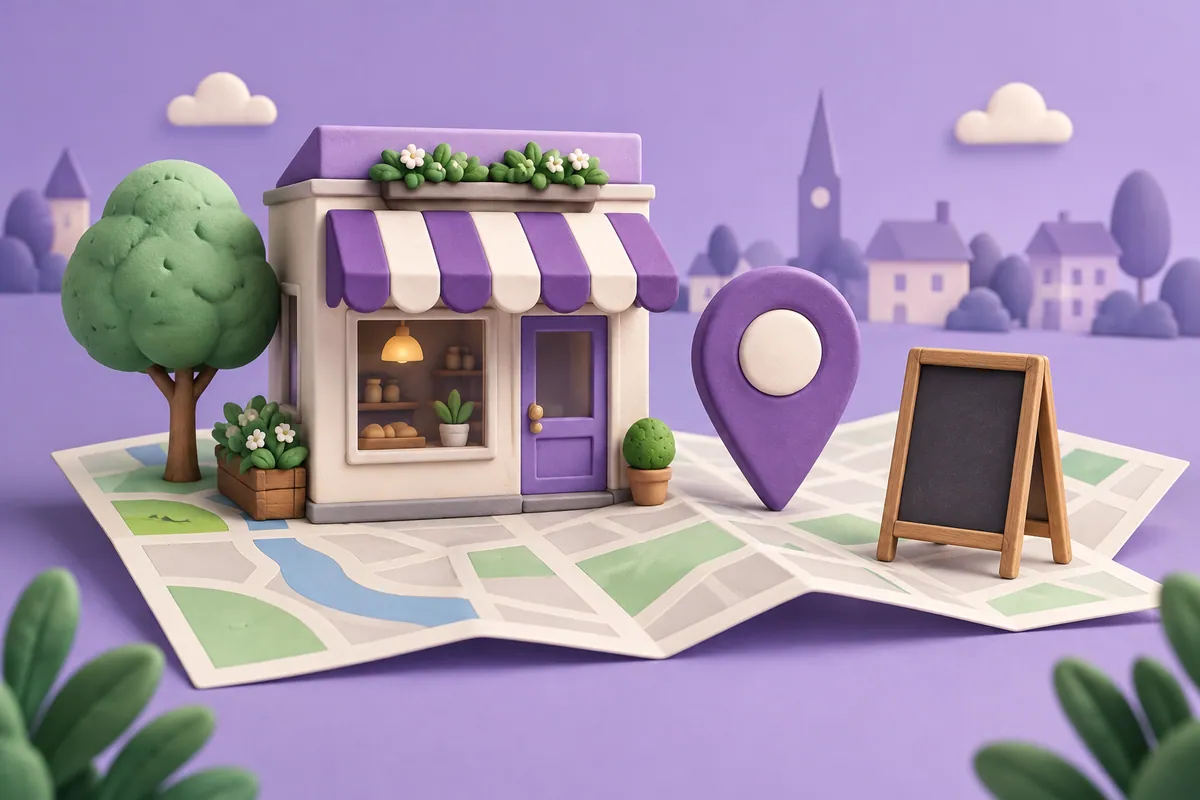A neighbourhood shop, blank sign and location pin on a folded street map.