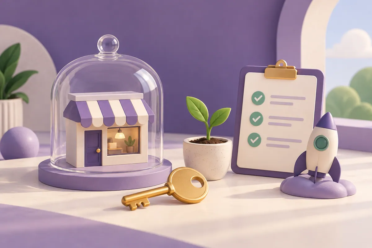 A covered shop model with a key and seedling represents a business before launch.