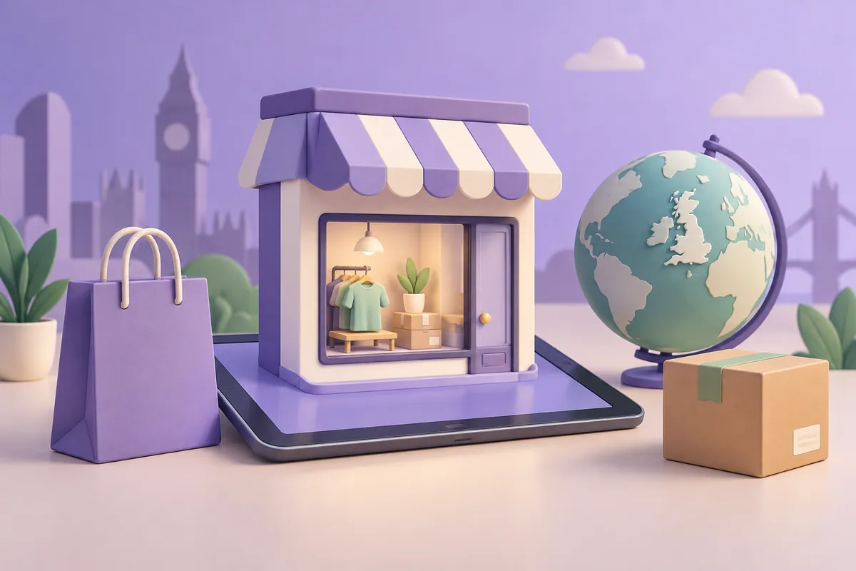 An online storefront with a shopping bag, parcel and globe.