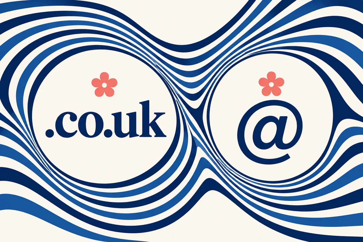 Two white plaques marked .co.uk and @ share a coral flower against flowing blue stripes