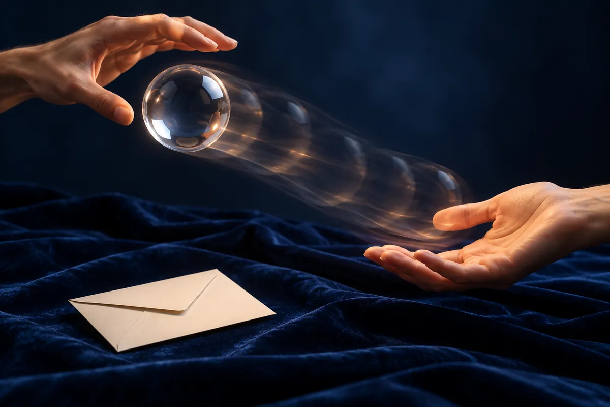A clear sphere moves between two open hands above navy cloth beside a plain envelope.
