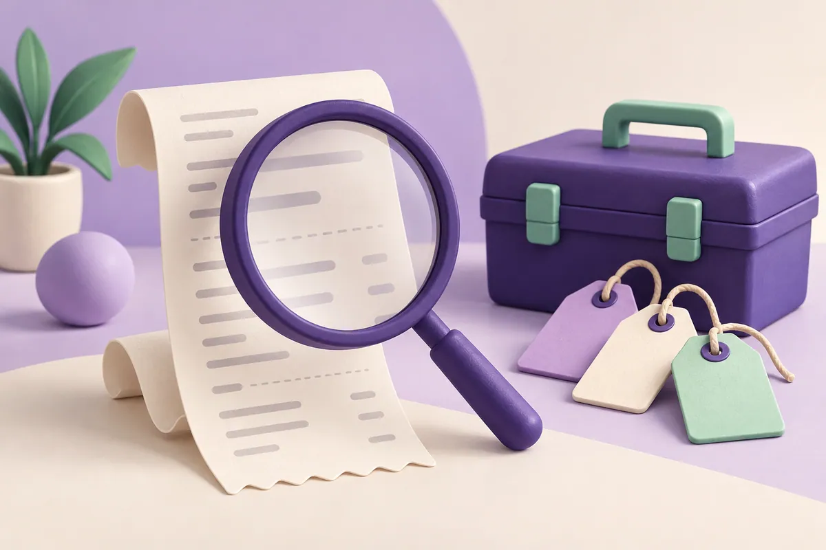 A magnifying glass over a receipt beside price tags and a toolbox.