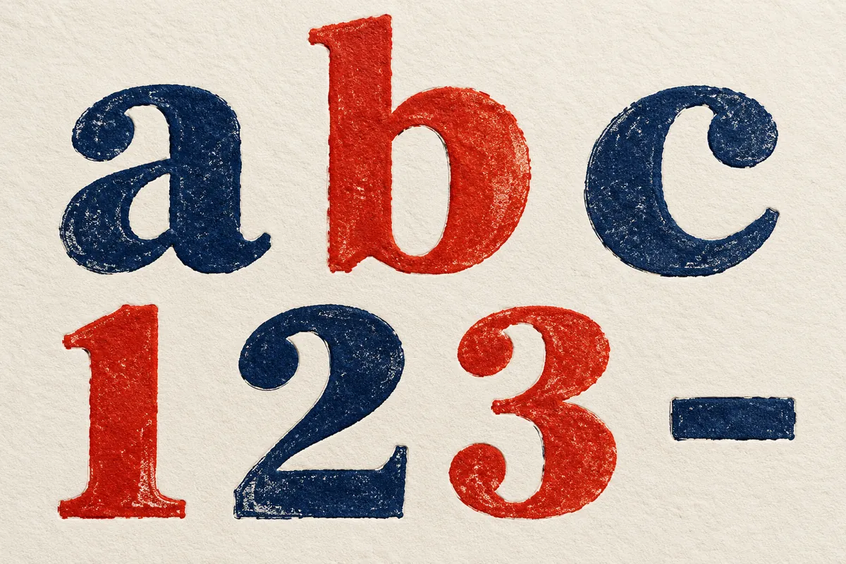 Navy and vermilion letterpress impressions of a, b, c, digits one to three and a hyphen on ivory paper