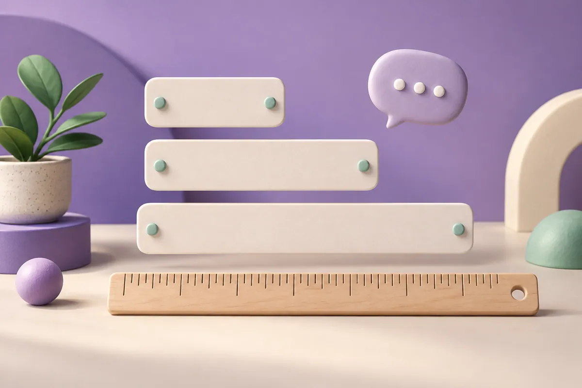 Three nameplates of different lengths beside a ruler and speech bubble.