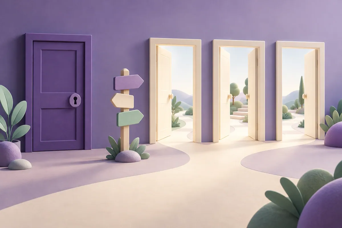 A closed door beside three open alternatives represents an unavailable domain name.