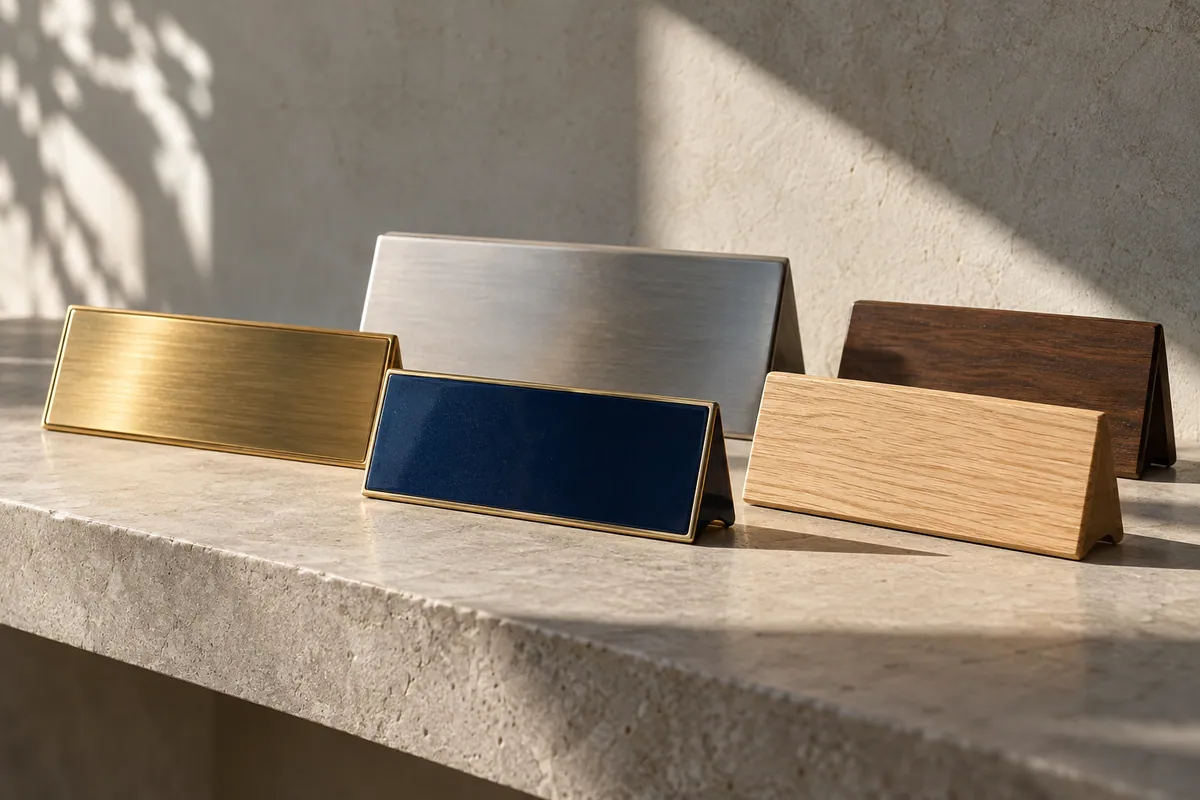 Unmarked brass, navy enamel and oak nameplate blanks arranged on a stone shelf