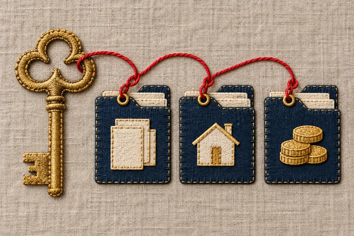 Embroidered key and document folders joined by red thread on linen