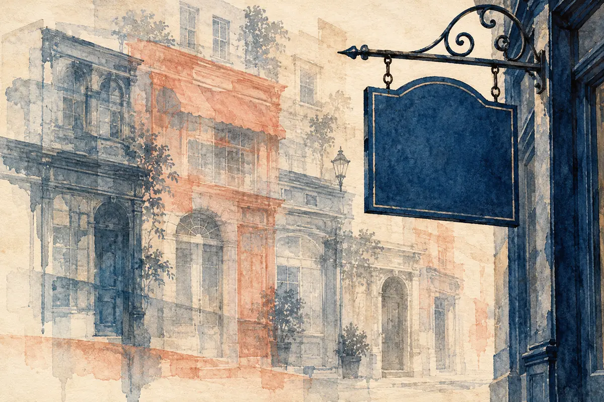 Faint ink-wash shopfront outlines sit behind a crisp blank blue hanging sign