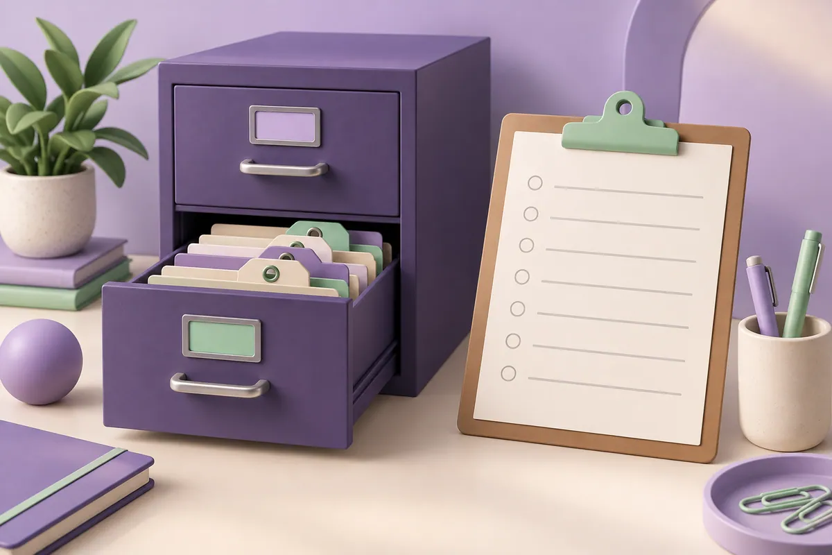 A filing cabinet, coloured key tags and a clipboard represent a domain inventory.