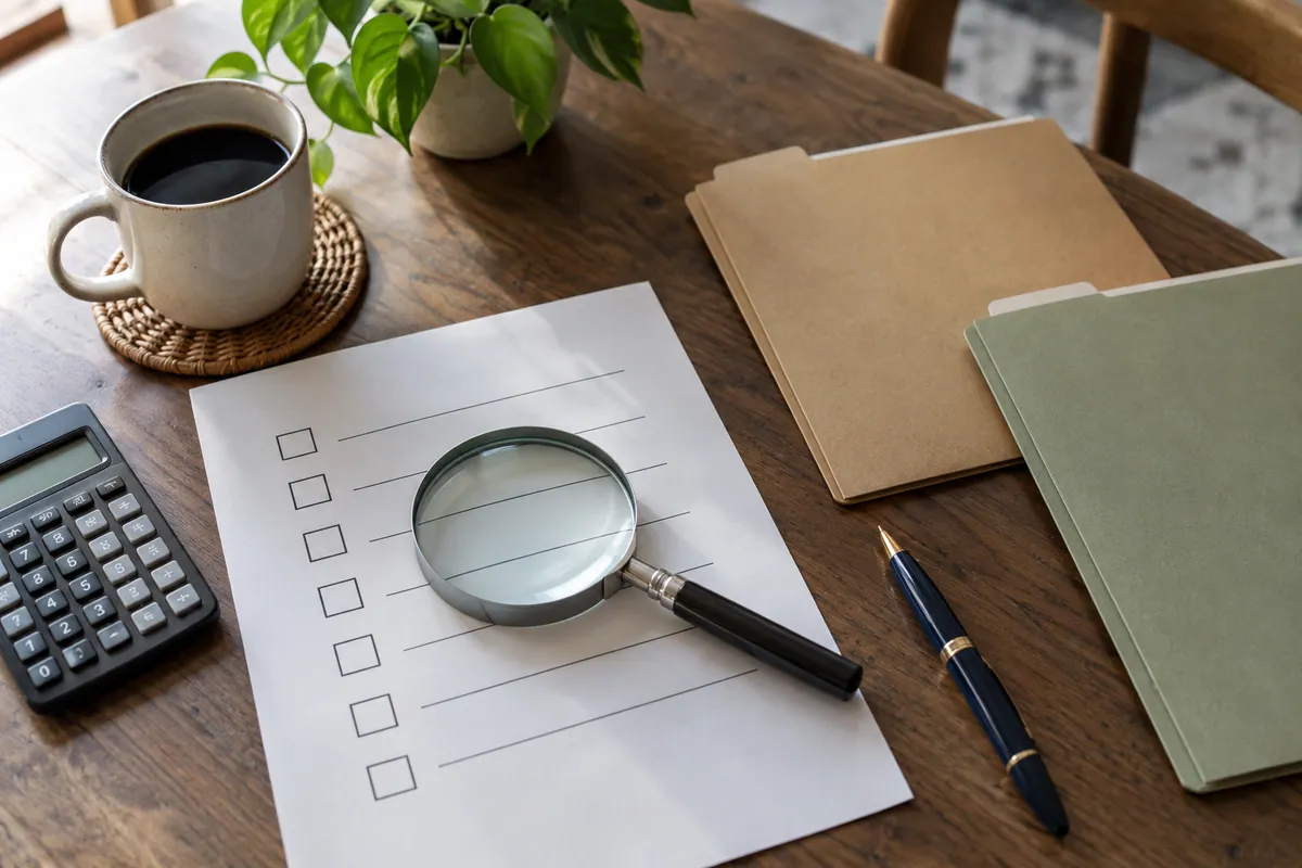 Magnifying glass, calculator and folders beside a purchase checklist