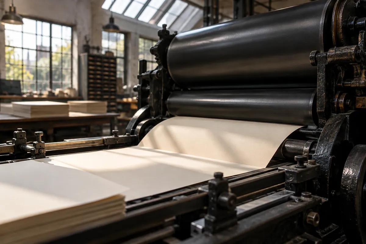 Cream stationery sheets passing through rollers in a traditional printing press