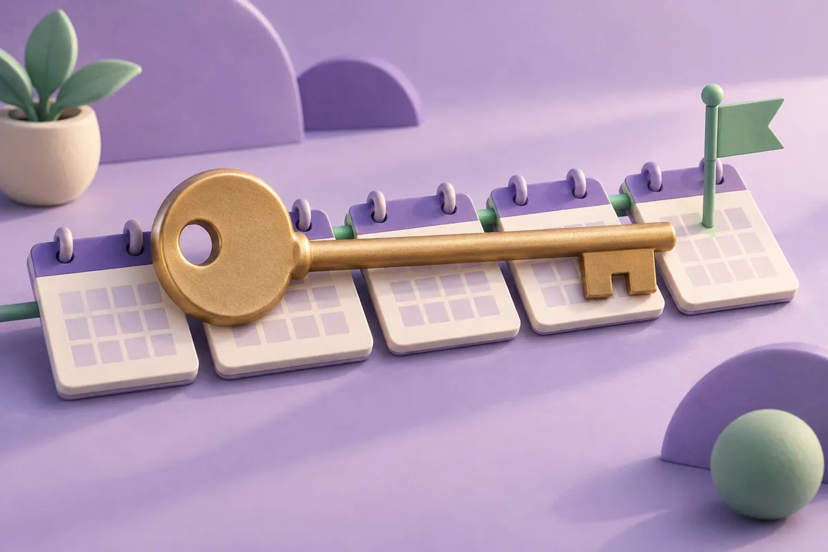 A key across calendar tiles ending at a marker illustrates a limited registration term.