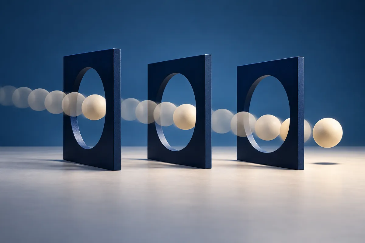 Successive positions of a cream ball pass through three navy gates towards an open frame.
