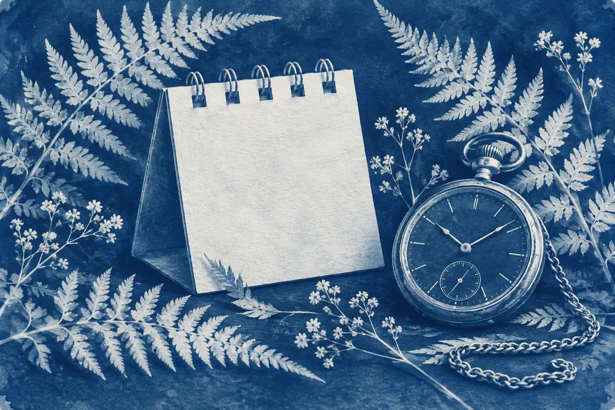 Blue cyanotype-style calendar, pocket watch and fern silhouettes