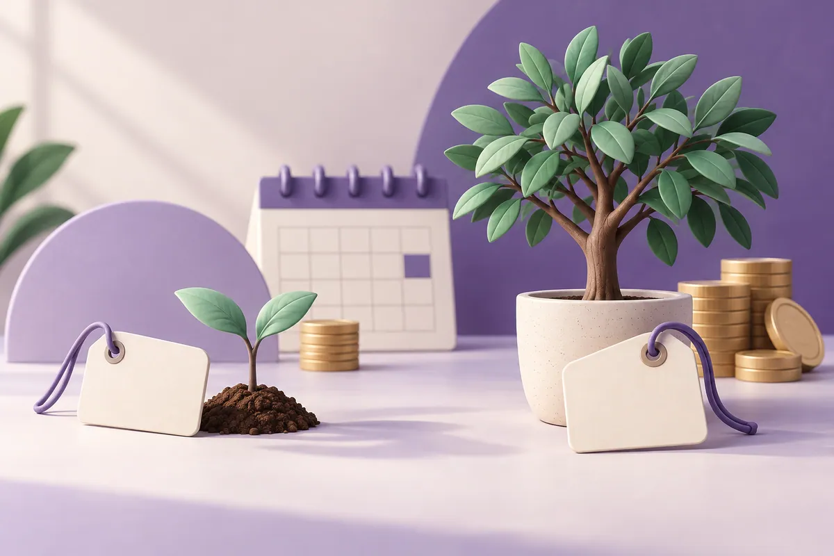 Two price tags, a seedling and a mature plant illustrate upfront and ongoing domain costs.