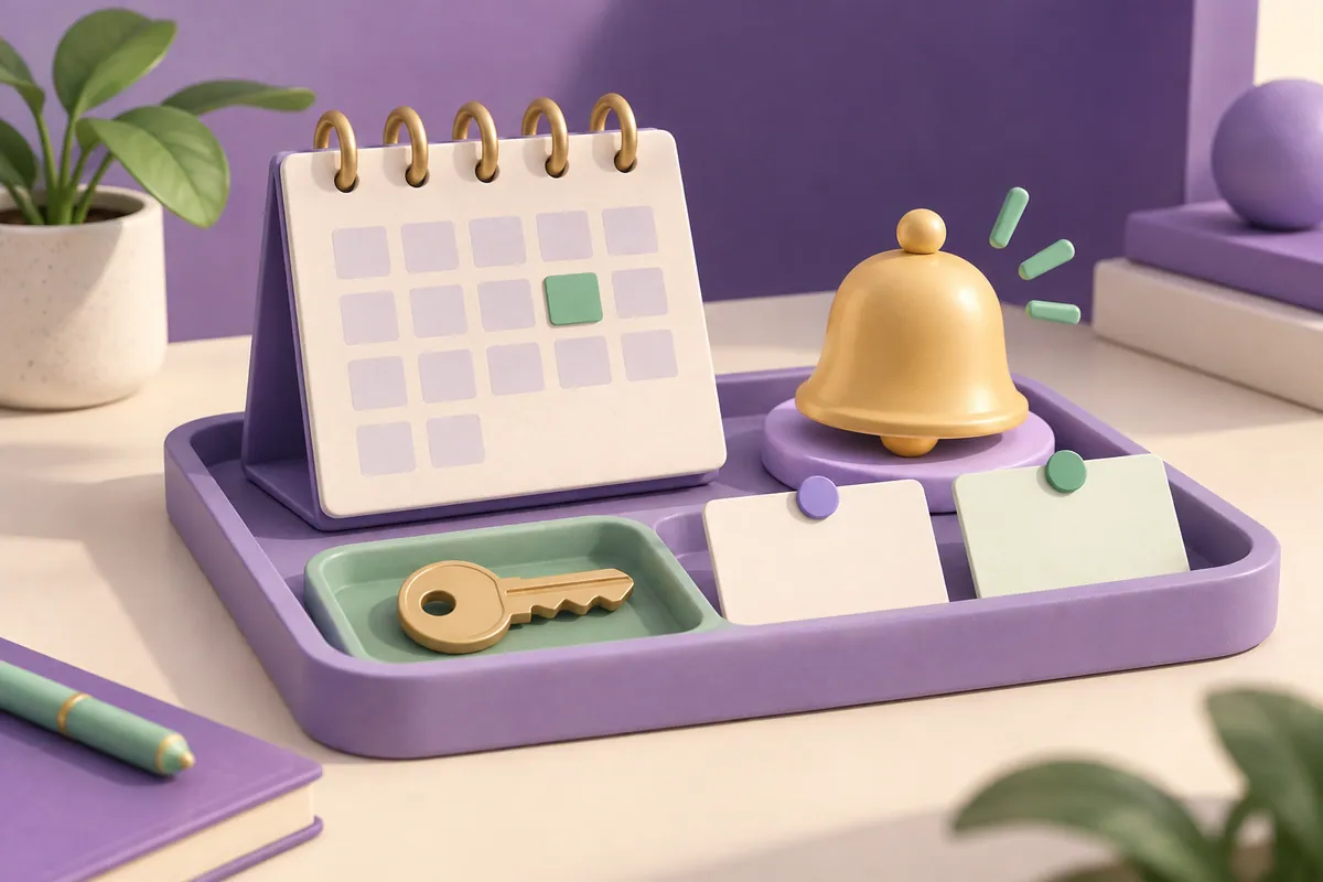 A calendar, bell and key with two reminder cards for a domain renewal routine.