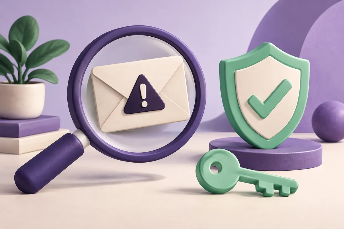 A magnifying glass examines an envelope beside a shield and key.