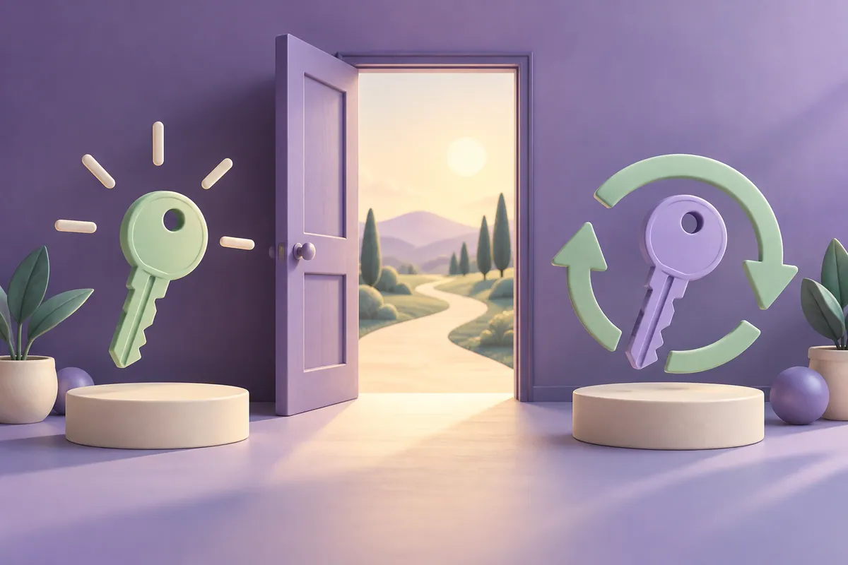 A new key beside a doorway and an existing key inside a circular arrow.