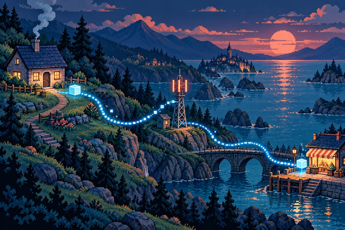 Pixel-art glowing cube following a route between a cottage, network tower and shop