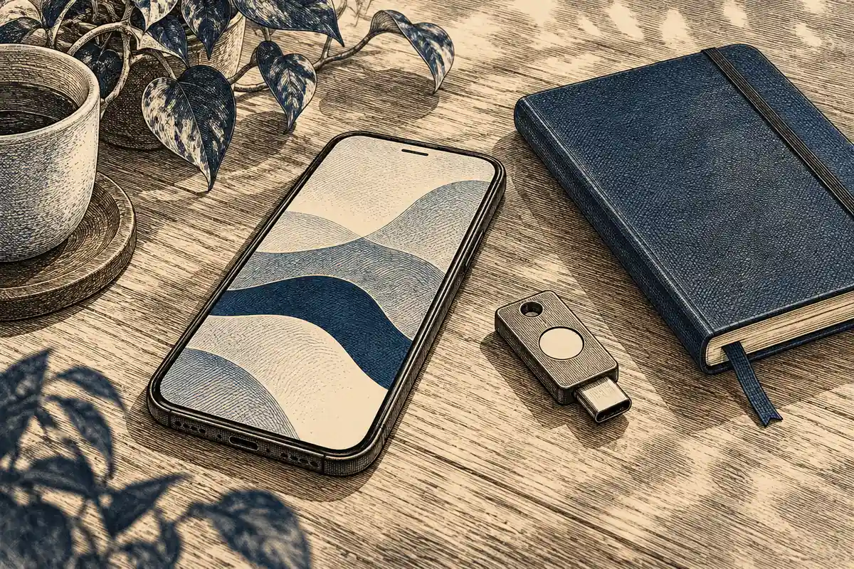 Copperplate-style drawing of a phone, metal security key and closed notebook
