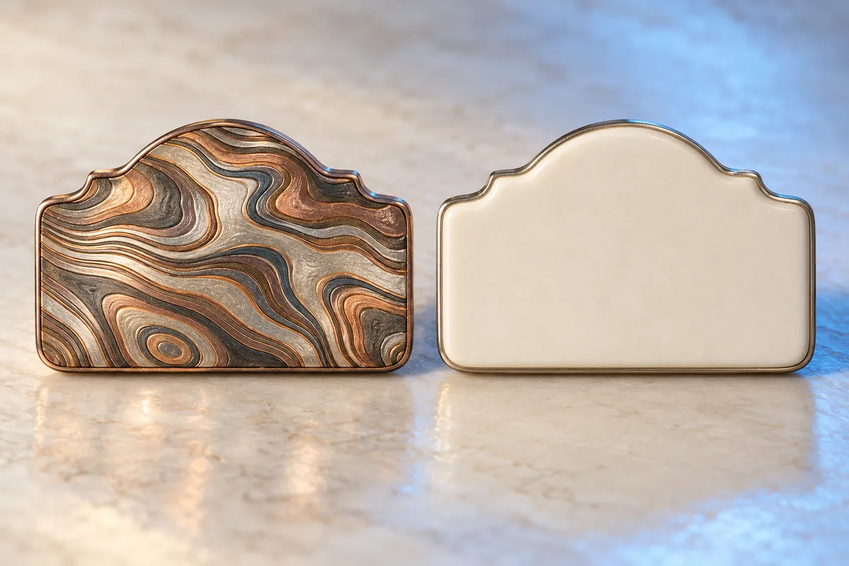 A patterned laminated-metal sign tile rests beside a plain ivory tile on a light surface