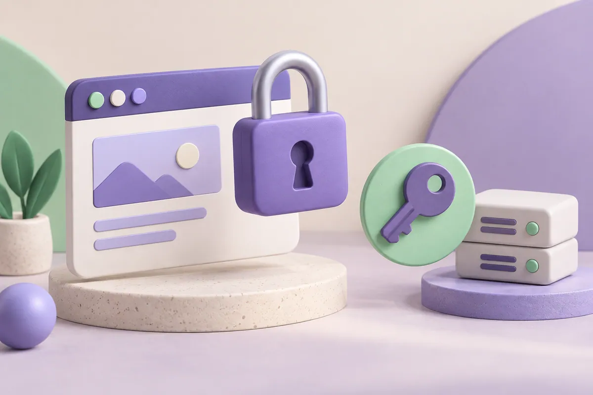 A padlock protects a browser window beside a domain key and server.