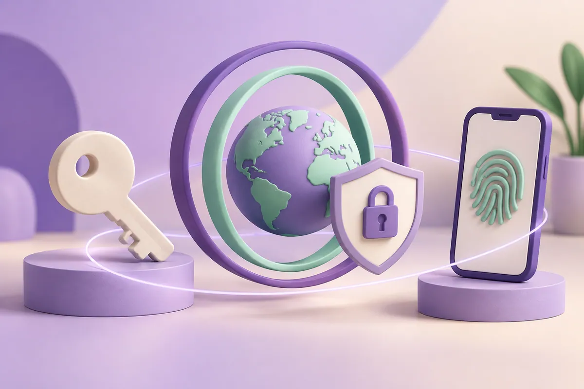 A key and smartphone protect a globe with two rings of security.