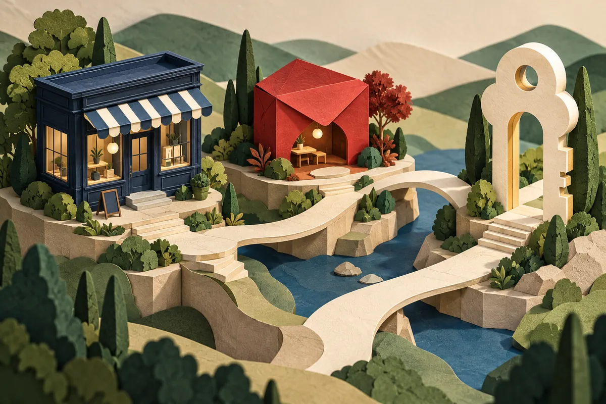 Layered paper buildings connected by paths beside an envelope-shaped pavilion