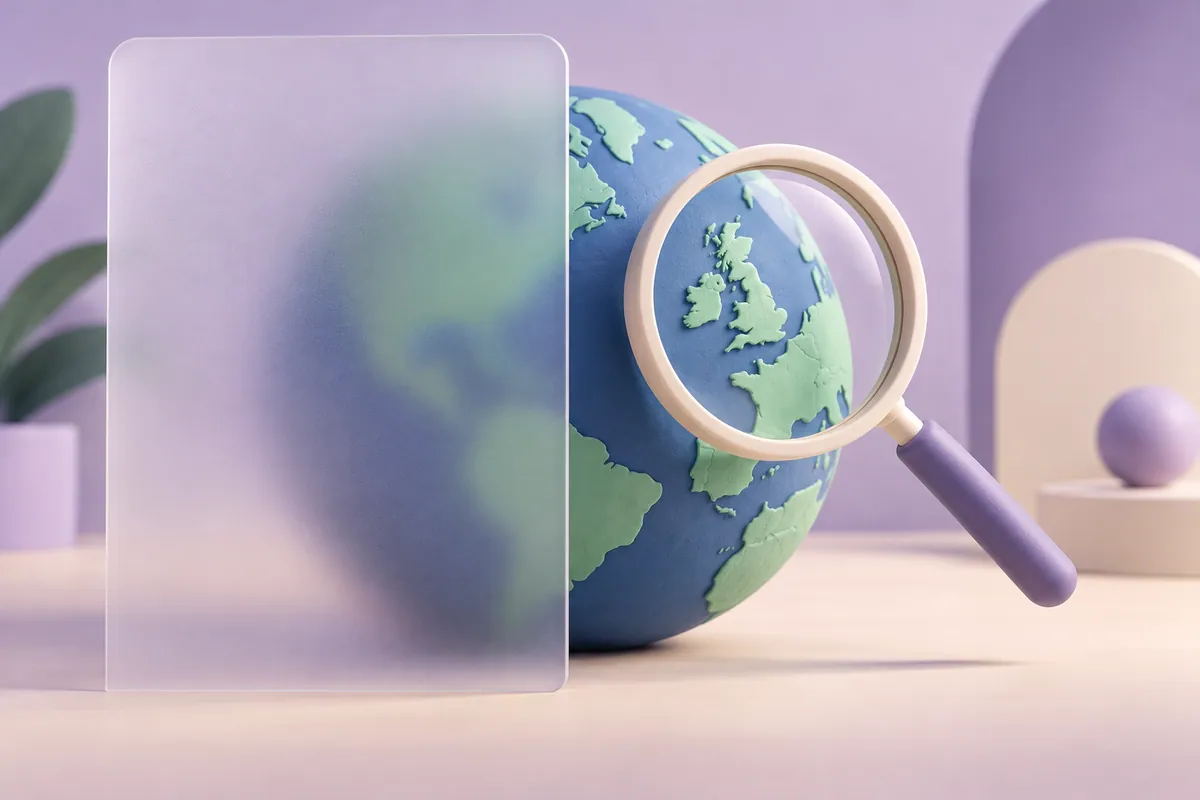 A magnifying glass examines a globe partly screened by frosted glass.