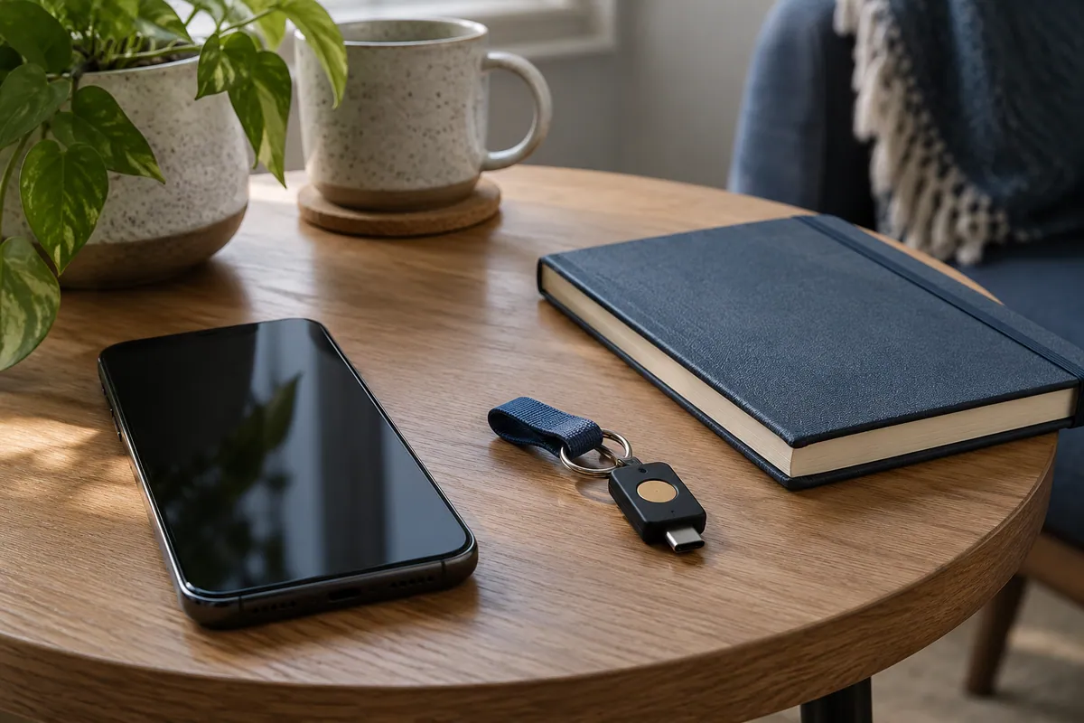 Phone, physical security key and closed notebook on an oak table