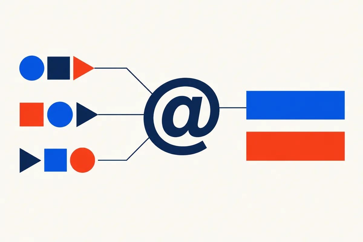Three rows of coloured shapes connect through a navy @ symbol to a blue bar, with a separate red bar below.