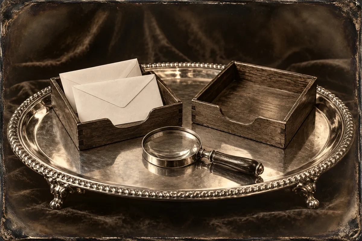 Two mail trays, blank envelopes and a magnifying lens appear in a silver-toned photographic still life