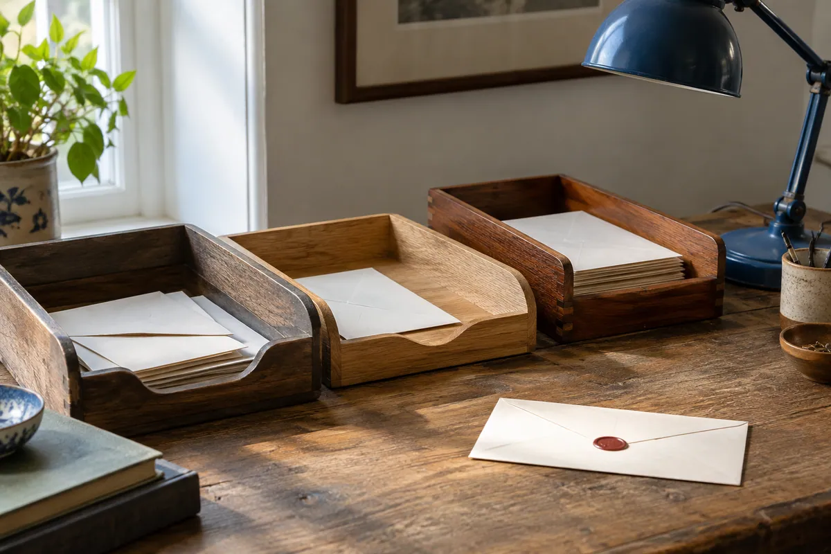 Wooden letter trays holding envelopes on a desk beside a blue lamp