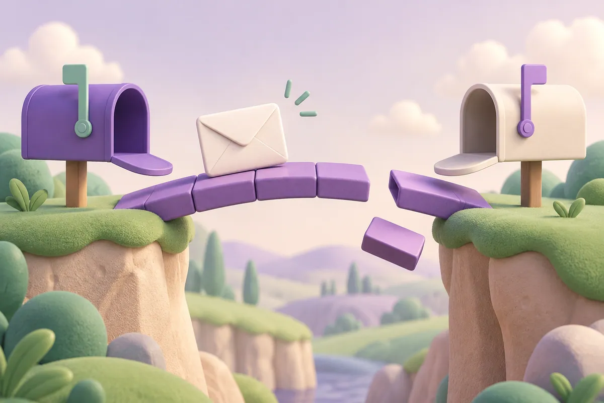 An envelope waits at a bridge with a missing tile between two mailboxes.