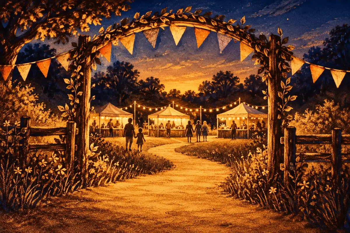 Amber sand-art scene of visitors following a path through a bunting-covered arch towards evening event stalls